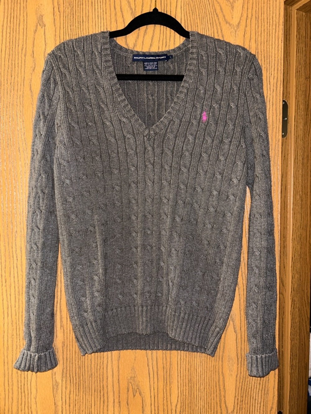 Ralph Lauren Gray Cable-Knit V-Neck Sweater with Pink Pony Accent